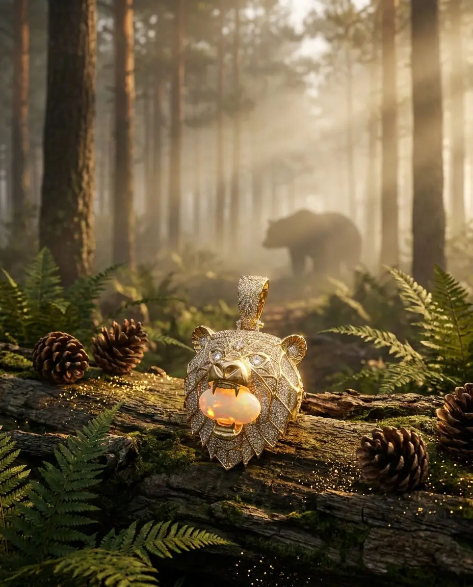 The Bear pendant in The Forest — opal aglow, a grizzly in the mist