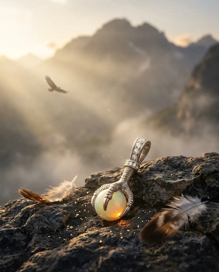The Eagle pendant on a mountain crag in The Peak — opal aglow