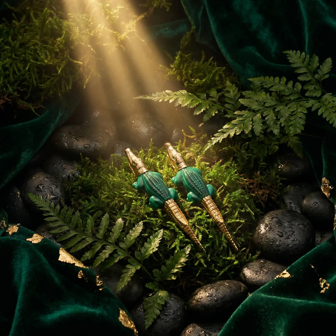 The Alligator earrings nestled in emerald moss