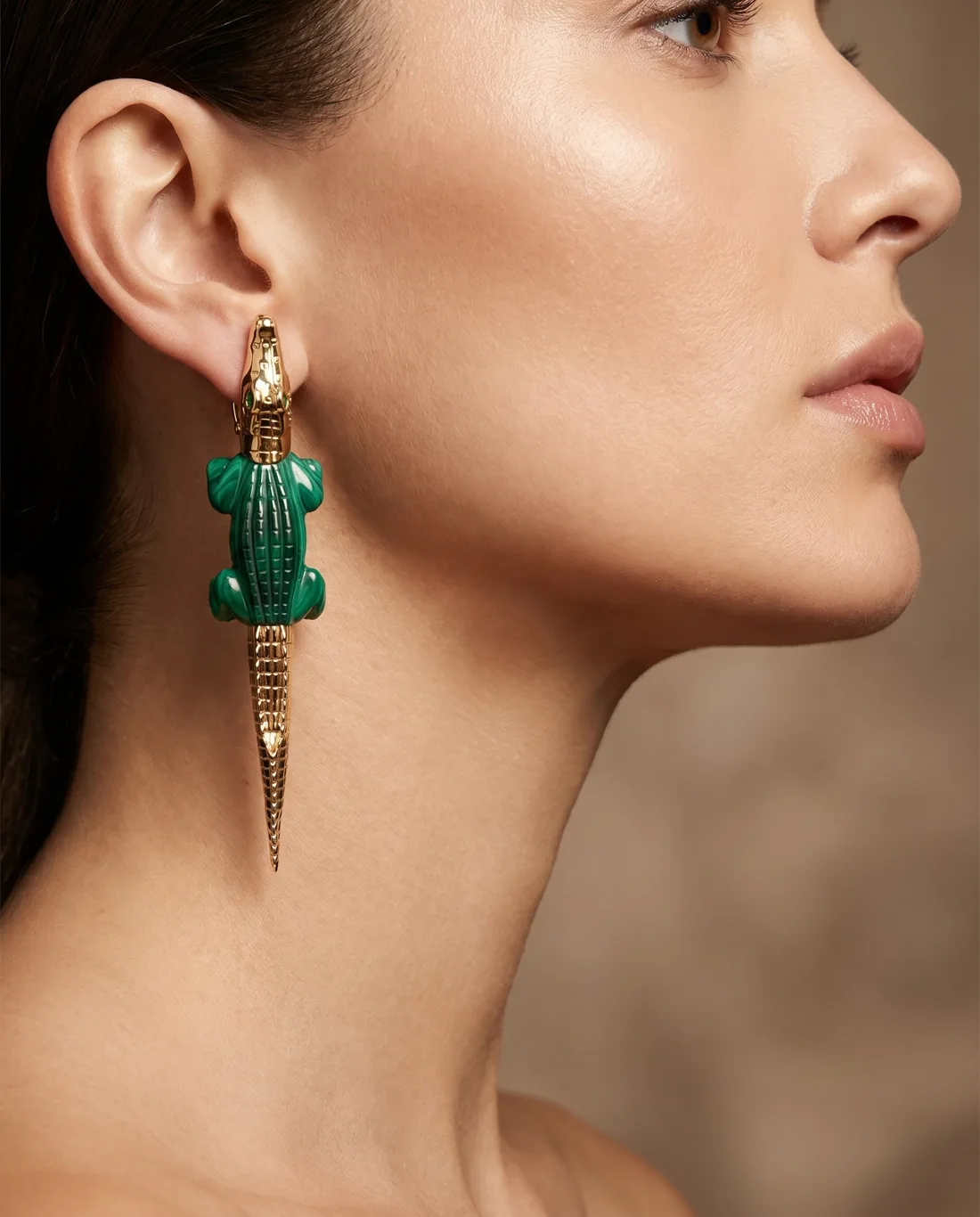 The Alligator earring worn, editorial close-up