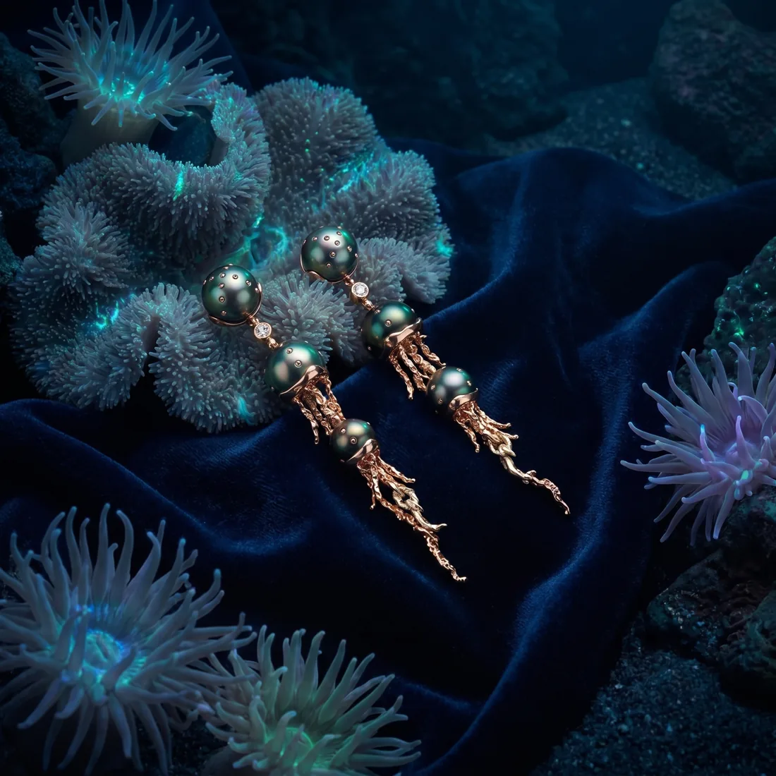 The Jellyfish earrings among deep-sea coral