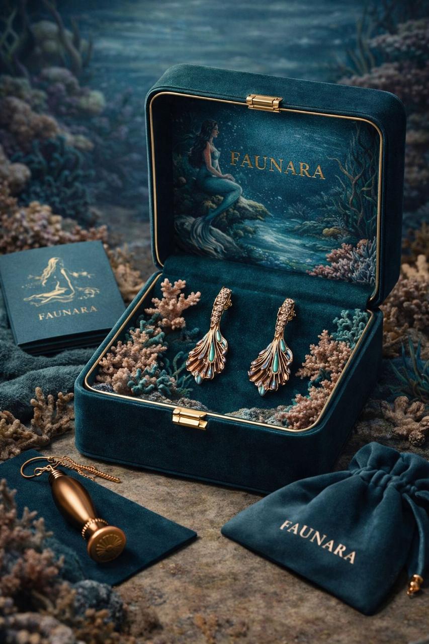 The Mermaid earrings in the Faunara velvet keepsake box