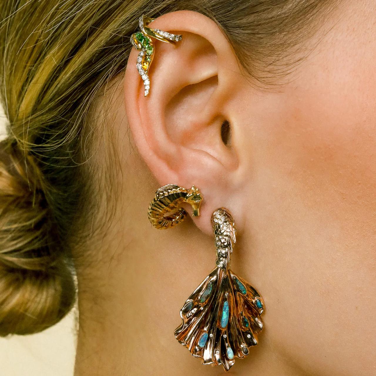 The Mermaid earring worn, with the seahorse ear-climber