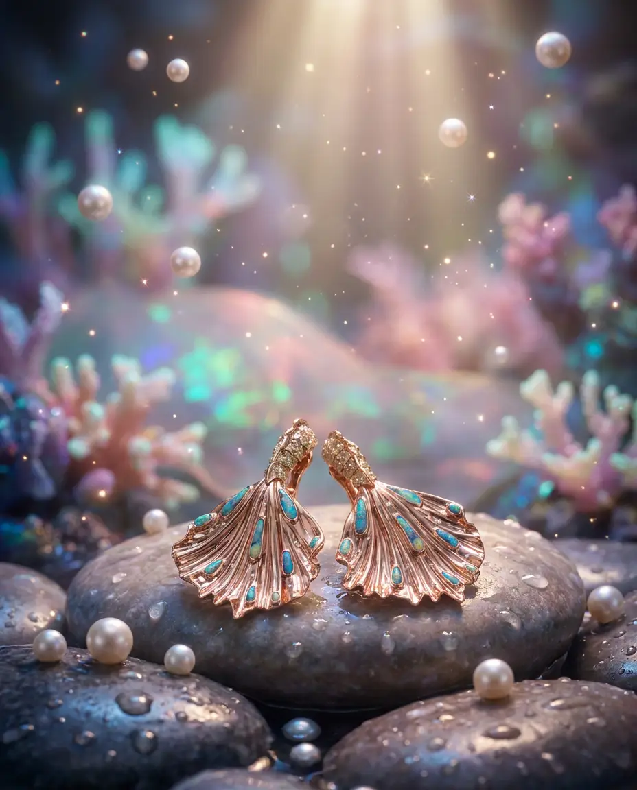 The Mermaid earrings in their mystical Grotto — opal fins aglow